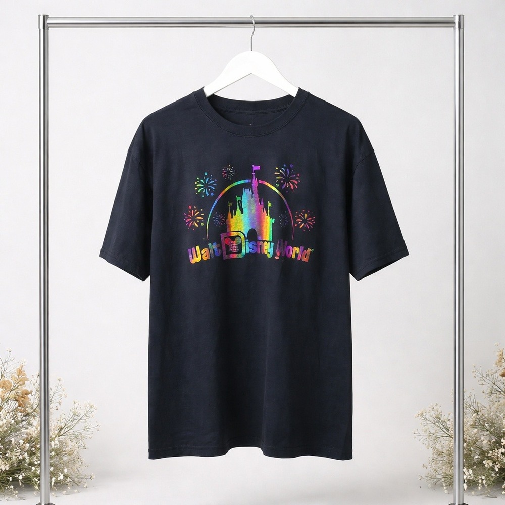 Disney Walt Disney World Rainbow Foil Castle Fireworks Black T-Shirt XXL